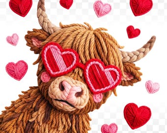 Valentine Highland Cow PNG: Faux Yarn Kids Valentines Day T Shirt Design (Digital Download)