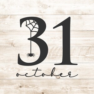 Puede incluir: Dise&ntilde;o gr&aacute;fico en blanco y negro de los n&uacute;meros 31 con una telara&ntilde;a y una ara&ntilde;a colgando de la parte superior del 3. El texto "octubre" est&aacute; escrito debajo de los n&uacute;meros.