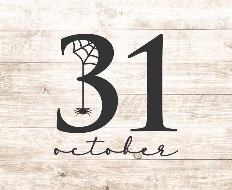 Puede incluir: Dise&ntilde;o gr&aacute;fico en blanco y negro de los n&uacute;meros 31 con una telara&ntilde;a y una ara&ntilde;a colgando de la parte superior del 3. El texto "octubre" est&aacute; escrito debajo de los n&uacute;meros.
