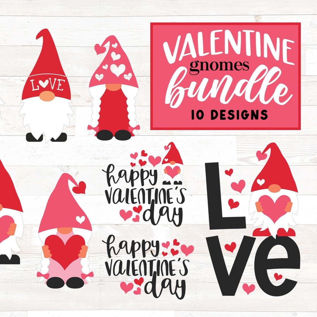 Valentine Gnomes SVG Bundle: Cute Valentines Gnome Png Designs (digital ...