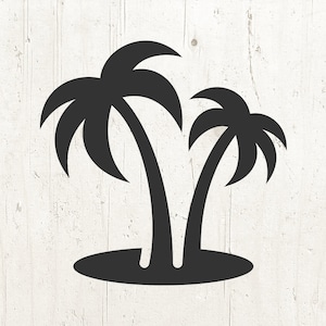 May include: Silhouette of two palm trees with black trunks and fronds against a white woodgrain background.