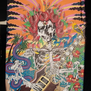 May include: A psychedelic painting of a skeleton playing a guitar. The skeleton is wearing a crown of flowers and has a third eye on its forehead. The guitar is a dark brown Les Paul with gold hardware. The background is a colorful sunset with clouds and palm trees.