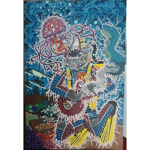 May include: A colorful, psychedelic painting featuring a creature with tentacles, a fish, and a figure wearing a helmet. The painting is filled with intricate details and vibrant colors, including blue, red, green, and yellow.