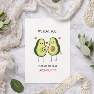 Tarjeta familiar de aguacate, mamá de aguacate, familia de 3, regalo de aguacate, tarjeta para mamá, cumpleaños de mamá, regalo de Navidad para mamá, juego de palabras con comida, 5x7