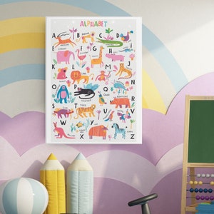 Impresión del alfabeto de animales, póster del alfabeto para niña, arte mural para guardería, decoración educativa para el aula, 8 x 10