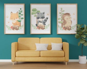 Set of 3 Baby Animal Prints, Nursery Prints, Nursery Décor, Woodland Animals Nursery, Kids Room Wall Art, Nursery Art Poster