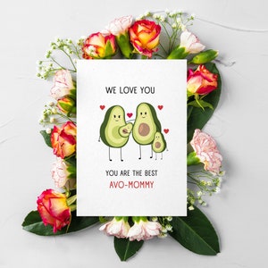 Tarjeta familiar de aguacate, Mamá aguacate, Familia de 4, Regalo de aguacate, Tarjeta para mamá, Cumpleaños de mamá, Regalo de Navidad para mamá, Juego de palabras con comida, 5x7