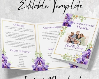 Plantilla de programa funerario, diseño floral morado (Canva editable, 5x7, PDF)