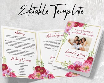 Editable Funeral Program Template, Celebration of Life (5x7, PDF)