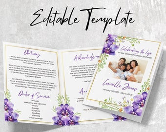 Funeral Program Template, Memorial Service Announcement (5x7, Editable Canva Template)