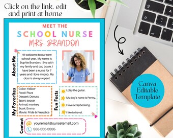 May include: Meet the School Nurse, Mrs. Brandon. A printable template with a photo of the nurse, her name, and fun facts about her. The template is designed for a school classroom.