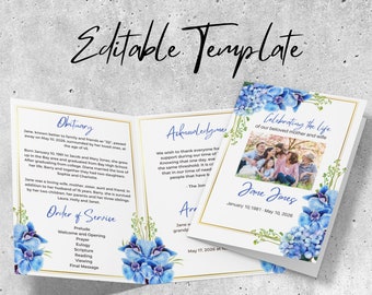 Funeral Program Template: Blue Floral Memorial Service (Editable Canva Template)