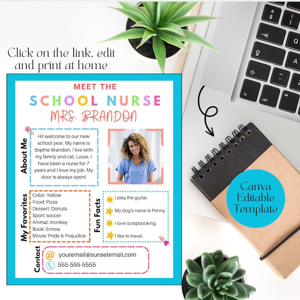 Meet the School Nurse flyer, Canva Template editable, personalized, Back to school classroom decor, 8x10