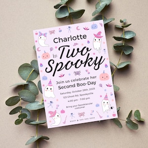 2nd Birthday Two Spooky Halloween Invite for Baby Girl, Cute Ghosts invite, Spooktacular party, Canva Template, Instant Download, 5x7