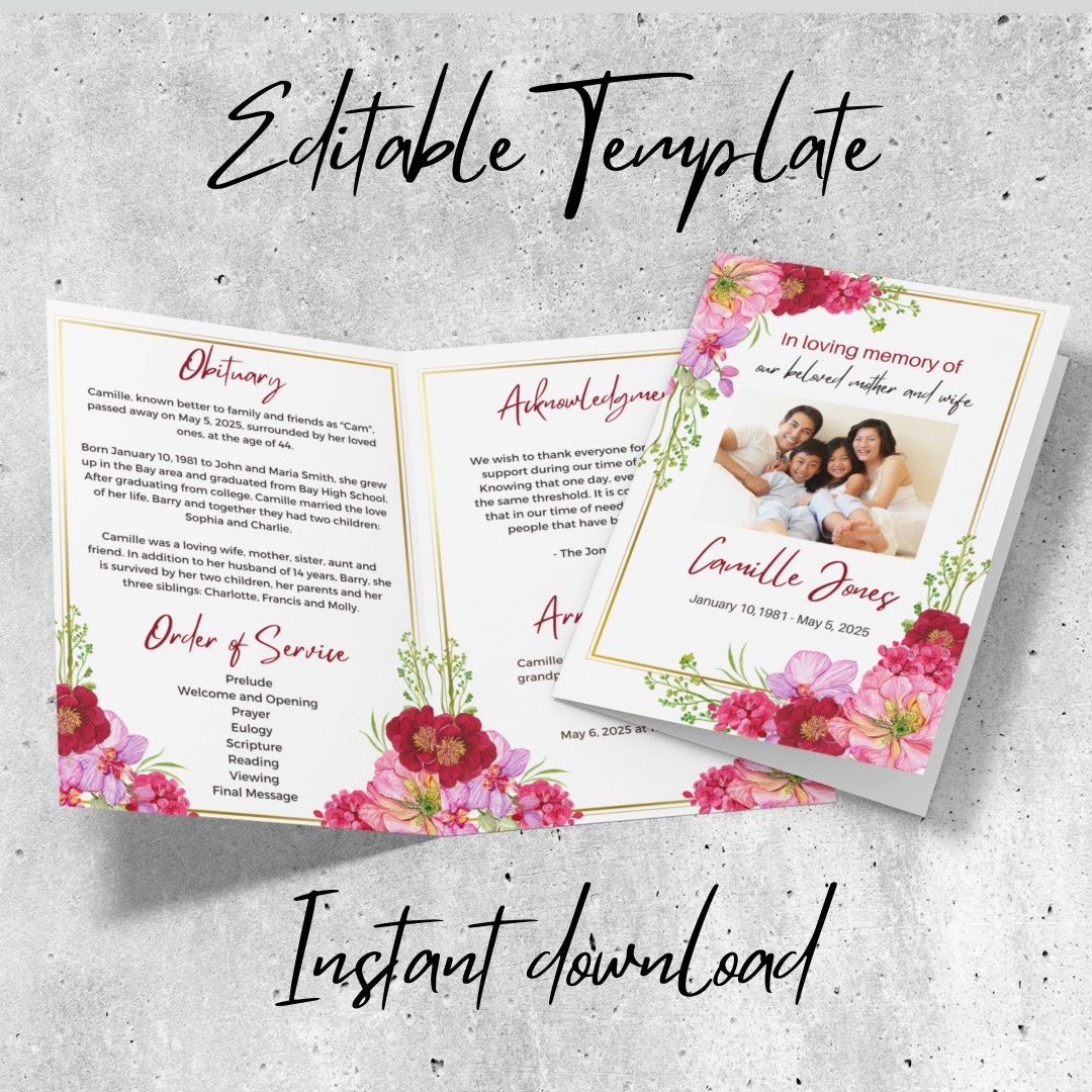 Editable Funeral Program Template, Memorial Service Announcement (5x7 ...