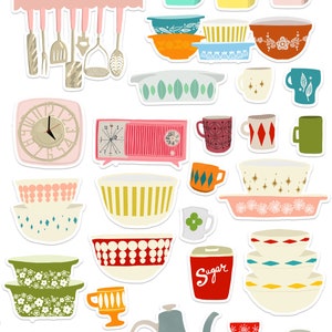 Vintage Kitchen Items Sticker Set, Baking Stickers, Pyrex Sticker, Fire King Sticker, Retro Kitchen, Scrapbooking Sticker, Nostalgic Sticker