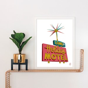 May include: A retro-style illustration of a motel sign with the words "Holiday Motel" in gold lettering on a pink background. The sign is topped with a blue and green starburst.