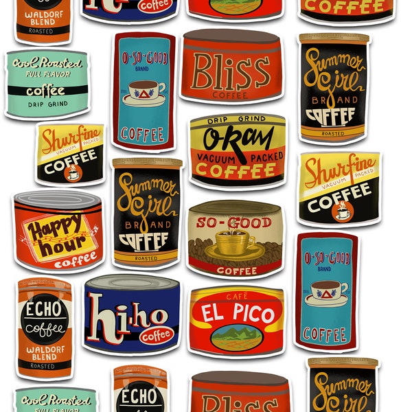 Vintage Coffee Tins Sticker Set | Mid Century Modern | Coffee tins | But First Coffee | I Need Coffee | Retro | Mid Mod | Coffee Can | Cafe