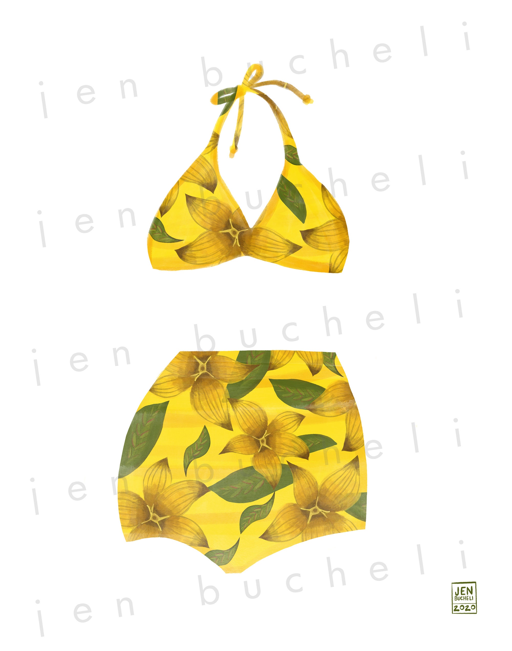 Vintage Yellow Floral Bathing Suit Art Print Swimsuit Etsy