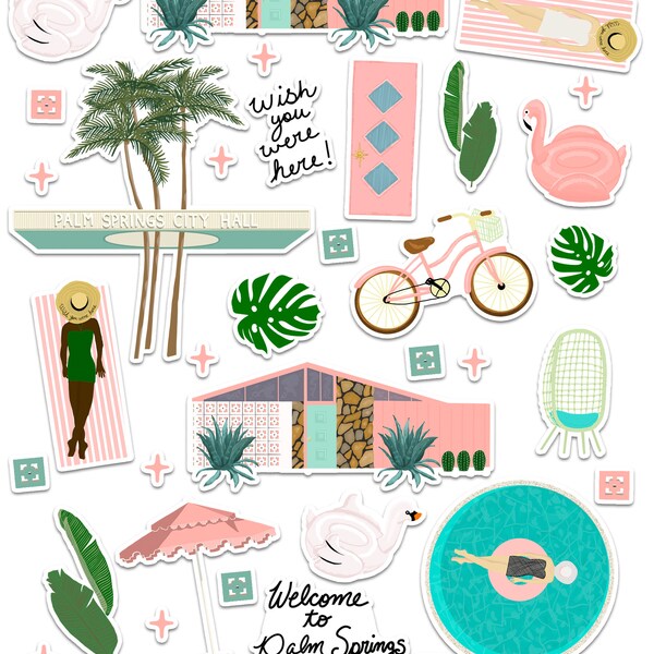 Welcome to Palm Springs Art Sticker Set, Retro Palm Springs Style, Swimsuit, Poolside Stickers, Mid-Century Modern, Palm Springs Vacation