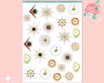Puede incluir: Una hoja de pegatinas con varios diseños de relojes de estilo moderno de mediados de siglo. Las pegatinas son blancas y presentan una variedad de colores, incluyendo naranja, marrón, verde y azul. El texto "MCM Clocks" está impreso en la parte superior de la hoja.