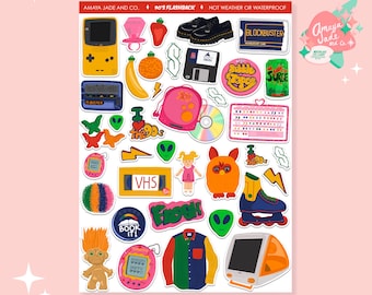 May include: A sheet of 90s themed stickers featuring various icons and designs, including a Game Boy, a VHS tape, a Tamagotchi, a troll doll, a boombox, a CD, a floppy disk, a pair of rollerblades, a can of Surge, a Blockbuster video membership card, and a backpack with the text "90s" on it.