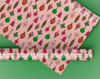 Pink & Green Ornaments Wrapping Paper | MCM Christmas Gift Wrap