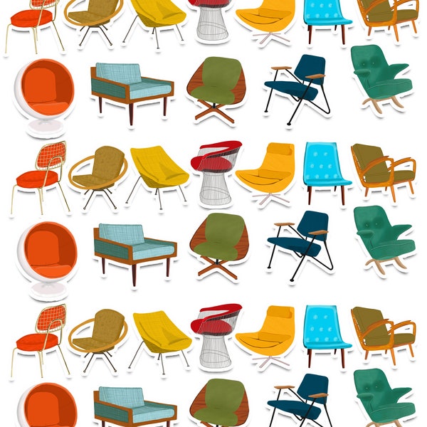 Colorful Mid Century Modern Chairs Sticker Set | Palm Springs Style | Mid Mod chairs | Vintage Chairs | Design | Ball Chair | Retro | MCM