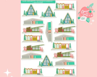 May include: A set of 12 colorful, illustrated stickers featuring mid-century modern style houses. The stickers are perfect for adding a touch of retro charm to planners, journals, laptops, and more. The text on the stickers reads "Amaya Jade and Co. Not weather or waterproof + Mod Putz Houses".