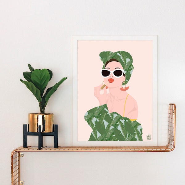 Lady with Lipstick Art Print | Minimalist Portrait | Fashion | Lady in Sunglasses | Tropical Vibe | Pop Art | Lady in Robe | Minimal Art