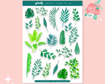 May include: A sheet of stickers featuring various green watercolor illustrations of leaves and plants. The stickers are labeled "plants amayajade & co" and "not weather or waterproof".