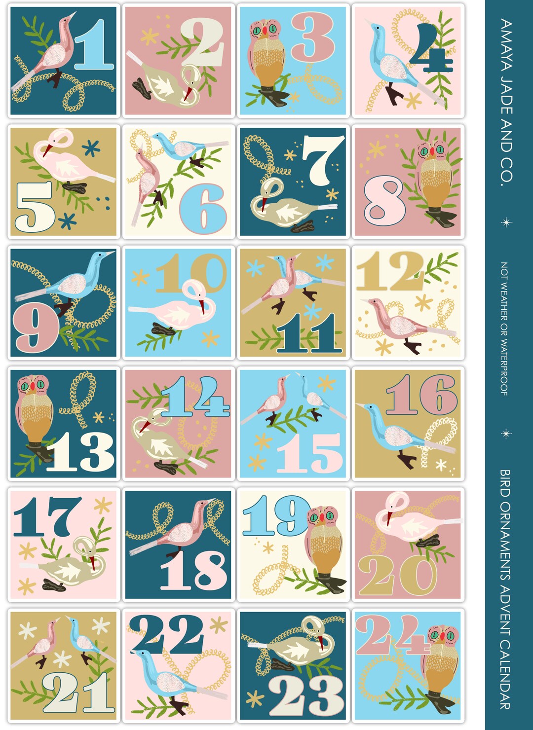 Vintage Bird Ornaments Christmas Advent Calendar Art Sticker Etsy