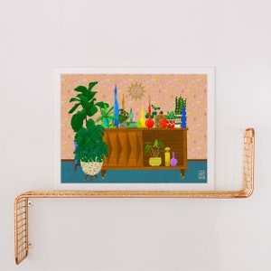 Mid-Century Modern Console Art Print: Plants, Pottery, Vases