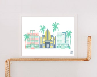 Art Deco Street Minimalist Print | Miami Style | Art Deco Architecture | South Beach | Art Deco Building | Tropical | Ocean Ave |