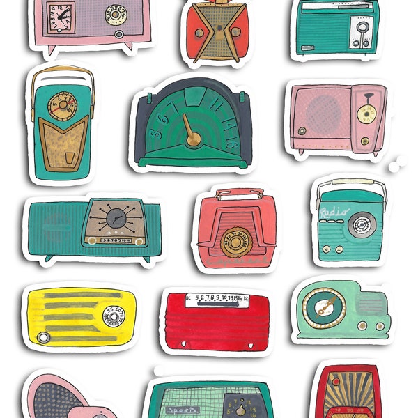 Retro Vintage Radios Art Sticker Set | Mid Century Modern | Music | Mod | Transistor Radio | Bakelite | Colorful | Stickers | Tunes