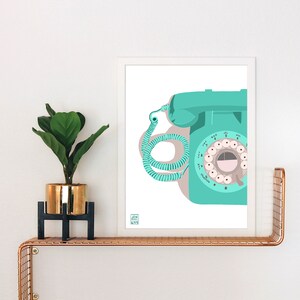 Retro Turquoise Rotary Phone Art Print: Mid-Century Modern Decor