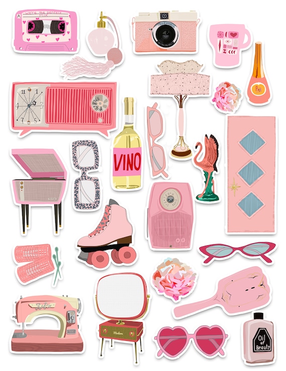 All the Vintage Pink Things Art Sticker Set Stickers Mid Century Perfume  Bottle Art Vintage Radio Sunglasses Pink Things 