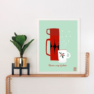 Have a Cup of Cheer Thermos and Vintage Mug Art Print | Vintage Style | Holiday | Mid Century Christmas | Fire King Mug Art | Christmas Art