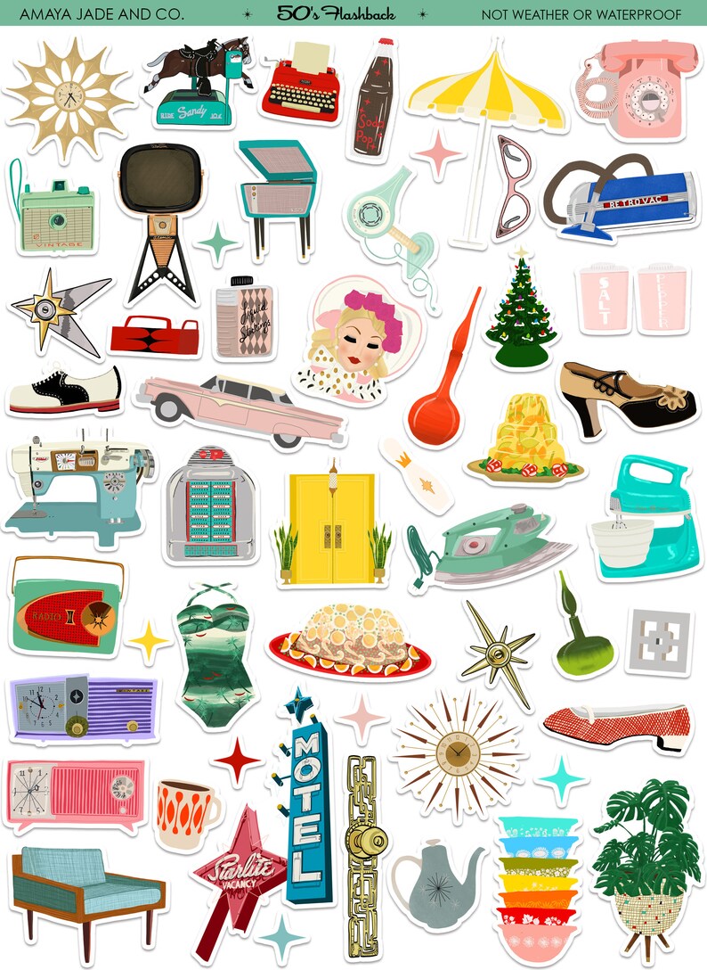 Pu&ograve; includere: Un set di 30 adesivi in stile vintage con varie illustrazioni a tema anni '50, tra cui un'auto d'epoca, un jukebox, una macchina da cucire, un asciugacapelli, un albero di Natale, un cartello di motel, un orologio, una teiera e una pianta da interno. Gli adesivi sono tutti bianchi con un contorno nero e sono perfetti per aggiungere un tocco di nostalgia ai tuoi progetti.