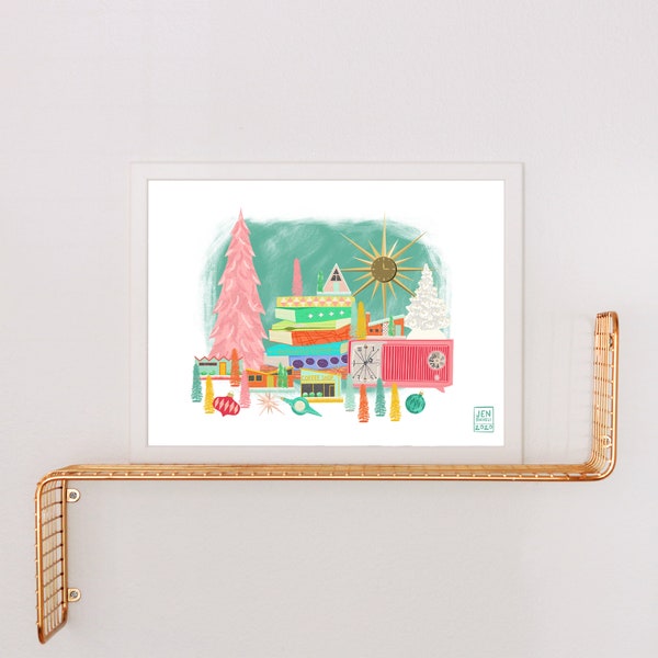 Mid Century Modern Christmas Vignette Art Print | Vintage Christmas | Nostalgia | Vintage Radio | Putz Houses | Starburst Clock | Books