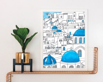 Santorini Watercolor and Ink Print | Wanderlust Art | Travel Lover Gift | Santorini Art | Greece Art | Travel Art | Buildings Art