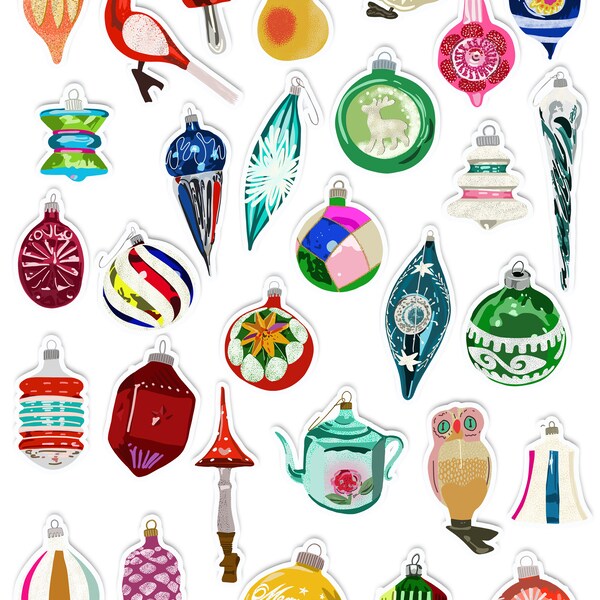 Vintage Glass Ornaments Art Sticker Set | Stickers | Labels | Glass Ornaments | Vintage ornaments | Season | Holidays | Retro | Christmas