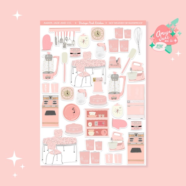 Kitchen Stickers, Scrapbooking, Birthday Gift for Her, Just Because Gift for Friend, Nostalgic Stickers, Pink Stickers, Retro Kitchen