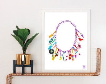 80's Charm Necklace Art Print | Retro | Eighties | 80's Jewelry | 80's Style | 80's Pop Culture | 80's Art | 80's Fashion | 80's Charms
