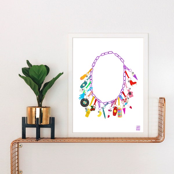 80's Charm Necklace Art Print | Retro | Eighties | 80's Jewelry | 80's Style | 80's Pop Culture | 80's Art | 80's Fashion | 80's Charms