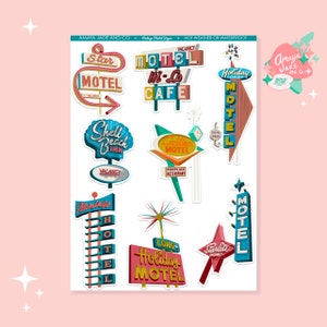 May include: A set of 10 vintage motel sign stickers featuring colorful neon signs with text like "Star Motel", "Holiday Motel", "Shell Beach Inn", and "Cadillac Motel".
