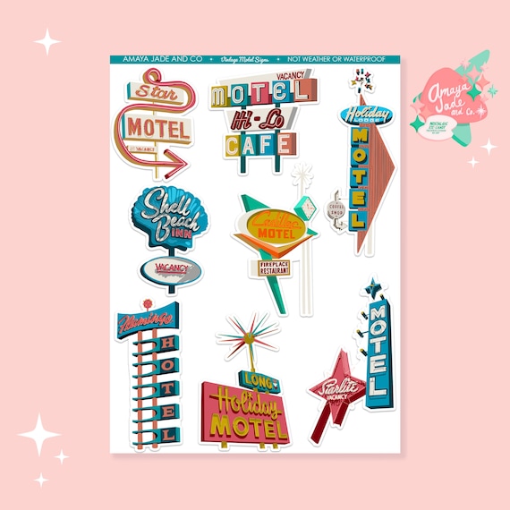 Vintage Motel Sign Stickers: Retro Travel Scrapbook Stickers