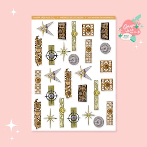 May include: A sheet of stickers featuring mid-century modern door hardware designs. The stickers are white with gold, brown, and gray illustrations of door knobs, escutcheons, and keyholes. The text "AMAYA JADE AND CO. MID MOD ESCUTCHEONS NOT WEATHER OR WATERPROOF" is printed at the top of the sheet.