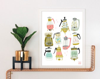 Vintage Coffee Pots Art Print: Mid-Century Modern Kitchen Decor