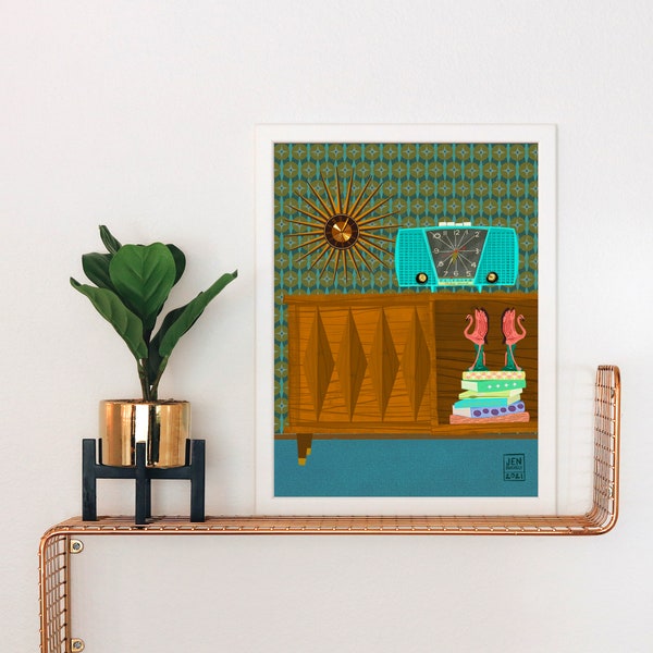 Mid Century Modern Radio Console Art Print: Retro Flamingo Decor